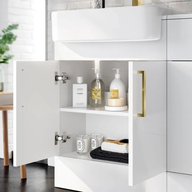 Harper Gloss White Vanity with Semi Recessed Basin 600mm - Brushed Brass Accents