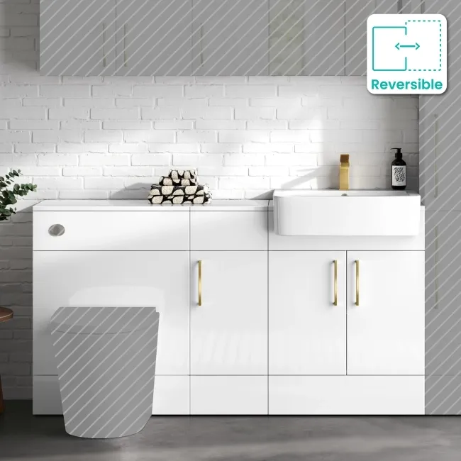 Harper Gloss White Combination Vanity Basin 1500mm (Excludes Toilet) - Brushed Brass Accents