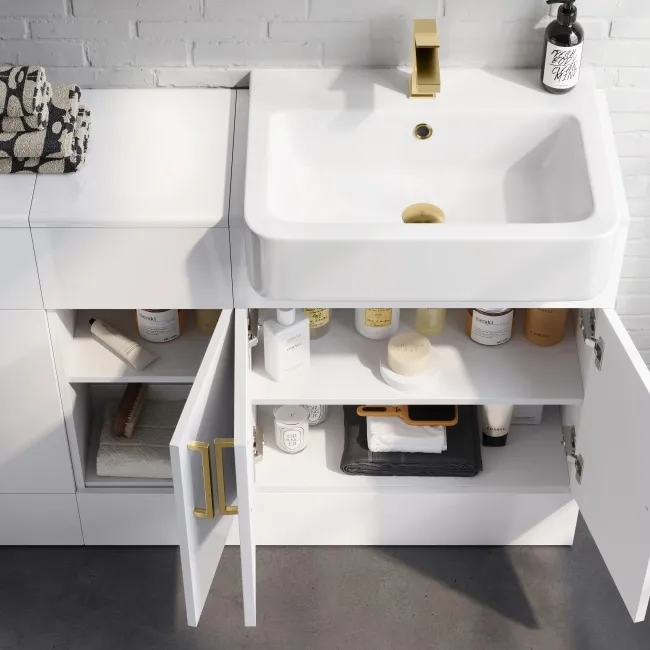 Harper Gloss White Combination Vanity Basin 1500mm (Excludes Toilet) - Brushed Brass Accents