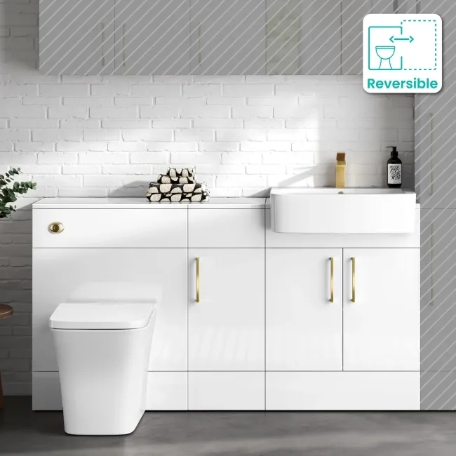 Harper Gloss White Combination Vanity Basin and Houston Toilet 1500mm - Brushed Brass Accents
