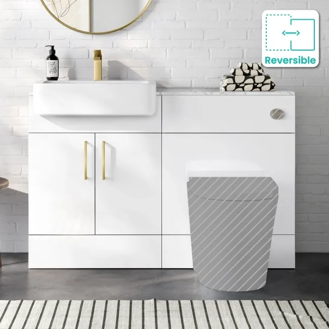 Harper Gloss White Basin Vanity with Marble Top & Back To Wall Unit 1200mm (Excludes Toilet) - Brushed Brass Accents