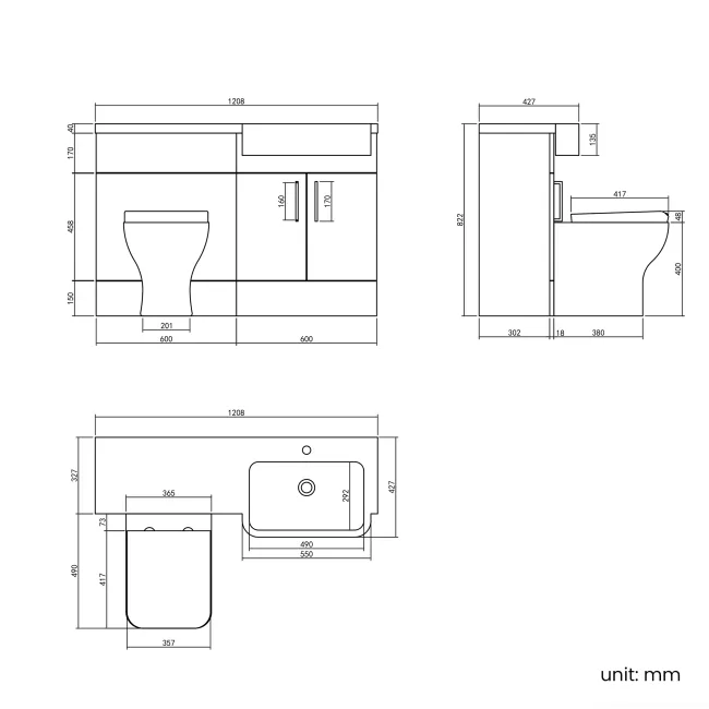 Harper Stone Grey Combination Vanity Basin and Houston Toilet 1200mm - Brushed Brass Accents - Right Handed