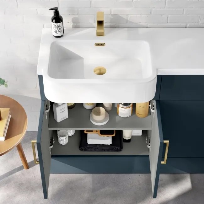 Harper Navy Blue Combination Vanity Basin and Houston Toilet 1200mm - Brushed Brass Accents - Left Handed