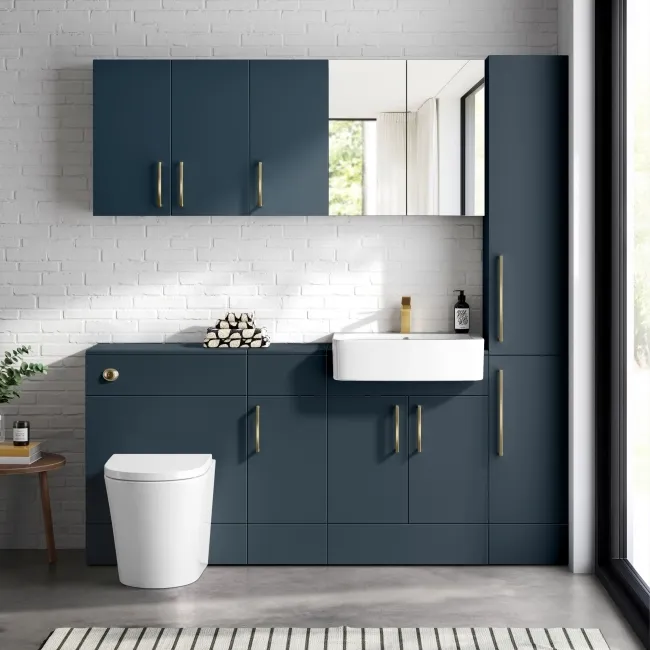 Harper Navy Blue Combination Vanity Basin and Boston Toilet 1500mm - Brushed Brass Accents