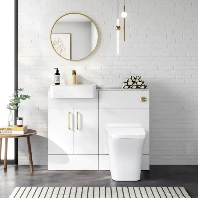 Harper Gloss White Combination Vanity Basin with Marble Top & Houston Toilet 1000mm - Brushed Brass Accents