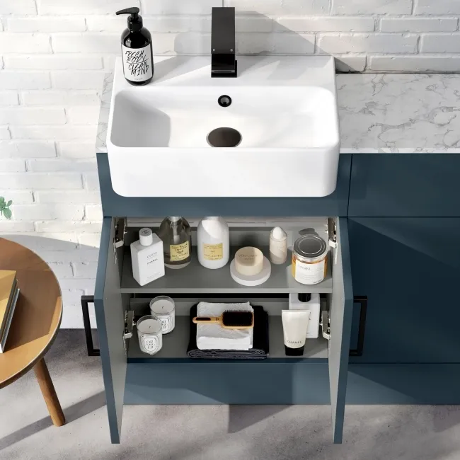 Harper Navy Blue Combination Vanity Basin with Marble Top & Houston Toilet 1000mm - Black Accents