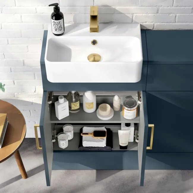 Harper Navy Blue Combination Vanity Basin & Tucson Toilet 1000mm - Brushed Brass Accents