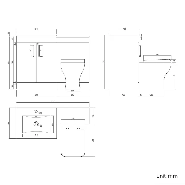 Mersey Gloss White Combination Vanity Basin and Houston Toilet 1100mm - Black Accents