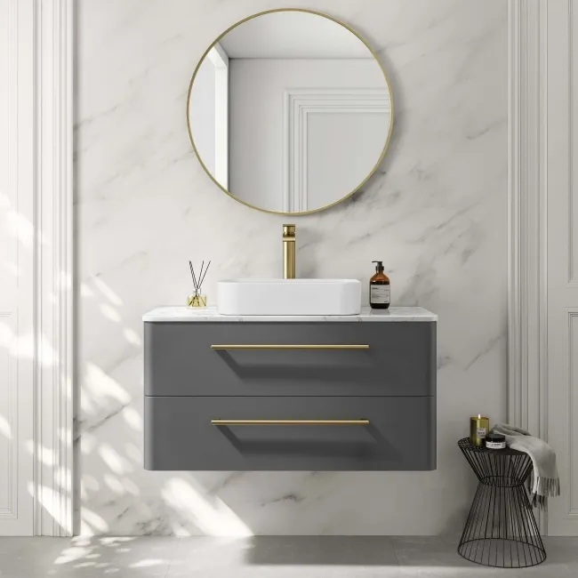 Omaha Slate Grey Wall Hung Drawer Vanity with Marble Top & Marin Basin 1000mm - Brushed Brass Accents