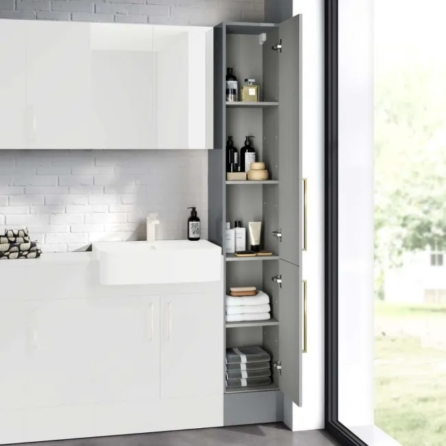Harper Stone Grey Floor Standing Tall Cabinet 1900x300mm - Brushed Brass Accents  