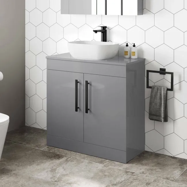 Avon Stone Grey Vanity with Curved Counter Top Basin 800mm - Black Accents