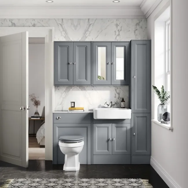 Monaco Dove Grey Combination Vanity Basin with Marble Top & Hudson Toilet with Wooden Seat 1200mm