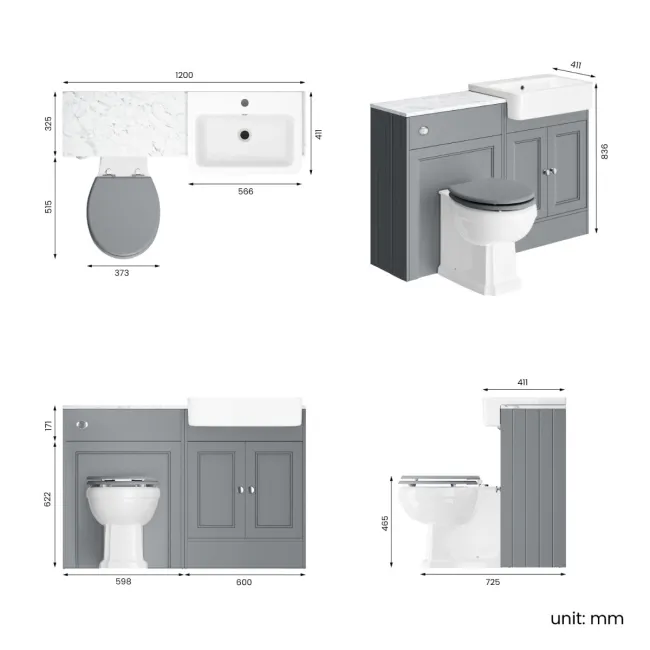 Monaco Dove Grey Combination Vanity Basin with Marble Top & Hudson Toilet with Wooden Seat 1200mm