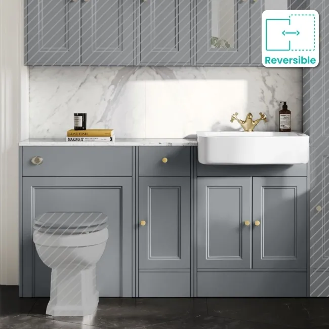 Monaco Dove Grey Combination Vanity Basin with Marble Top 1500mm (Excludes Pan & Cistern) - Brushed Brass Accents