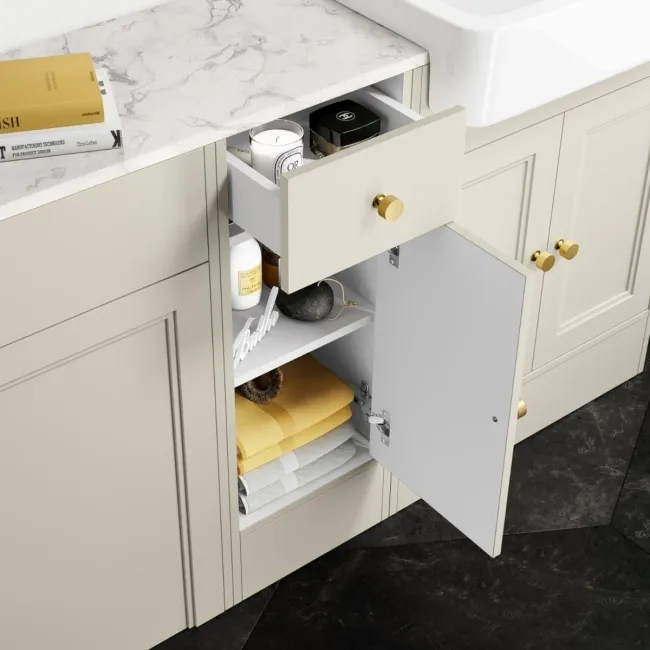 Monaco Chalk White Combination Vanity Basin with Marble Top 1500mm (Excludes Pan & Cistern) - Brushed Brass Accents