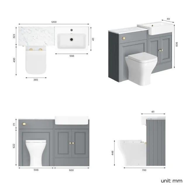 Monaco Dove Grey Combination Vanity Basin with Marble Top & Atlanta Toilet 1200mm - Brushed Brass Accents