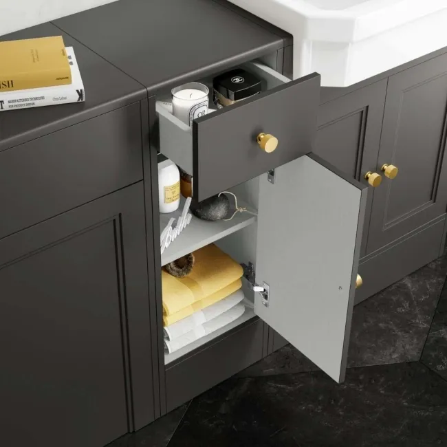 Monaco Graphite Grey Combination Vanity Traditional Basin and Hudson Toilet with Wooden Seat 1500mm - Brushed Brass Accents