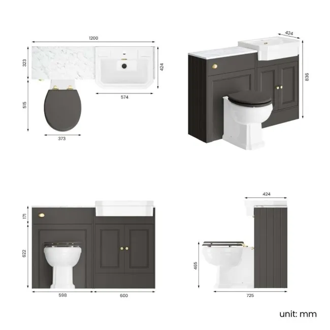 Monaco Graphite Grey Combination Vanity Traditional Basin with Marble Top & Hudson Toilet with Wooden Seat 1200mm - Brushed Brass Accents
