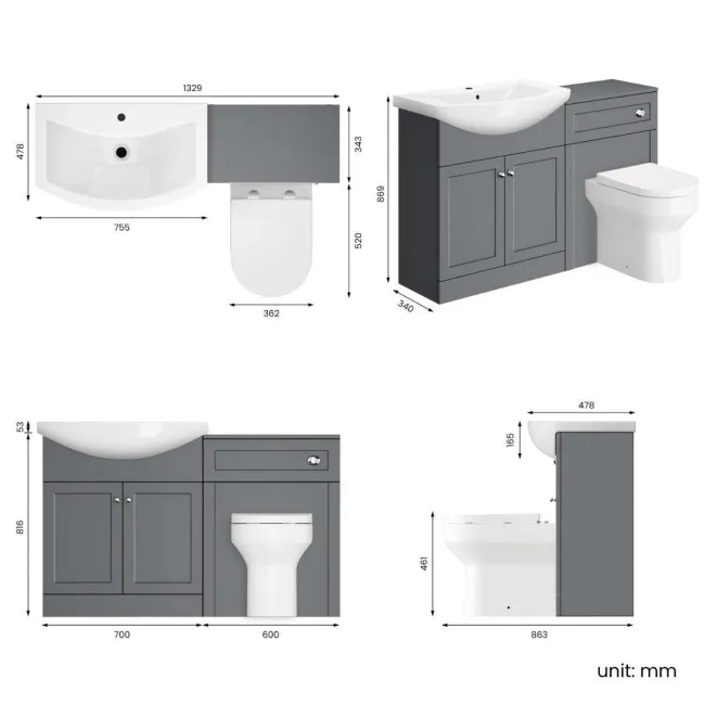 Capri Fog Grey Combination Vanity Basin and Miami Toilet 1350mm - Chrome Handles