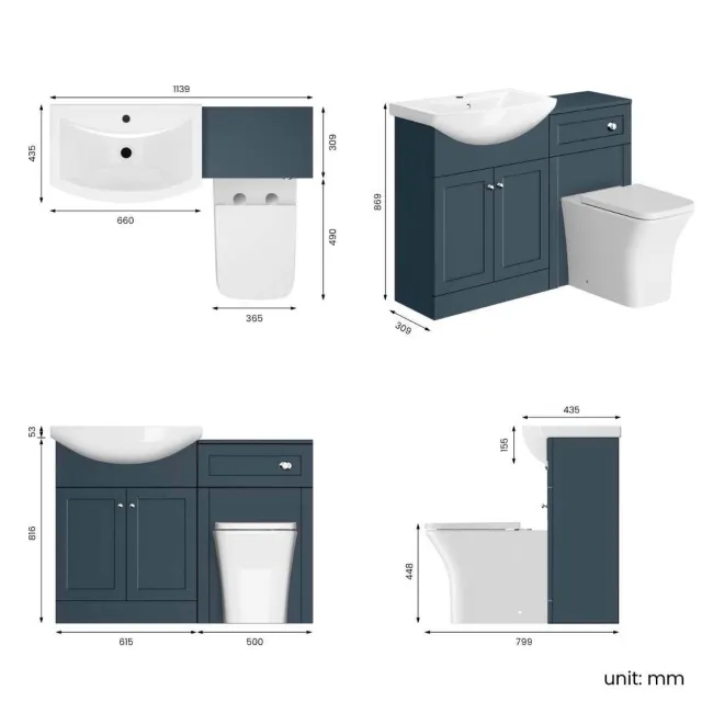 Capri Navy Blue Combination Vanity Basin and Houston Toilet 1150mm - Chrome Handles