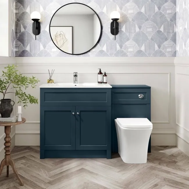 Milos Navy Blue Combination Vanity Basin and Houston Toilet 1300mm - Chrome Handles