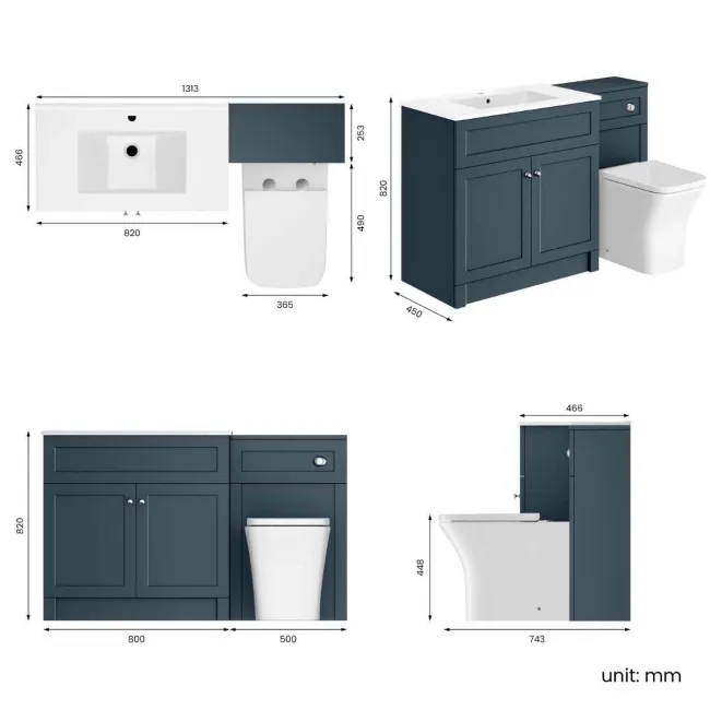 Milos Navy Blue Combination Vanity Basin and Houston Toilet 1300mm - Chrome Handles