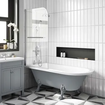 Abingdon 1700mm Dove Grey Roll Top Shower Bath - Grey Claw Feet & 6mm Easy Clean Screen With Rail