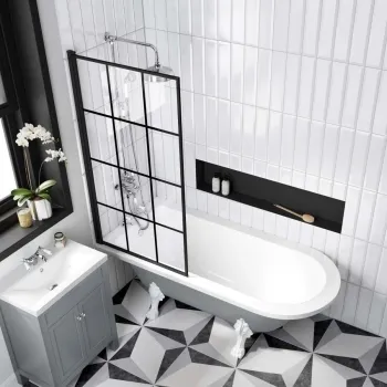 Abingdon 1700 Dove Grey Roll Top Shower Bath - White Claw Feet & 6mm Easy Clean Matt Black Grid Screen