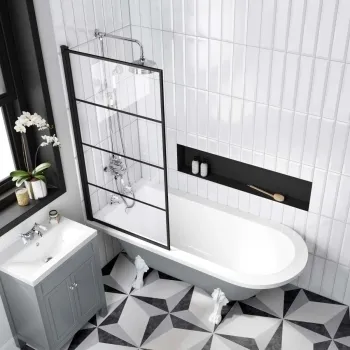 Abingdon 1700 Dove Grey Roll Top Shower Bath - White Claw Feet & 6mm Easy Clean Matt Black Grid Screen