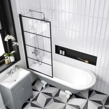 Abingdon 1700 Dove Grey Roll Top Shower Bath - White Ball Feet & 6mm Easy Clean Matt Black Grid Screen