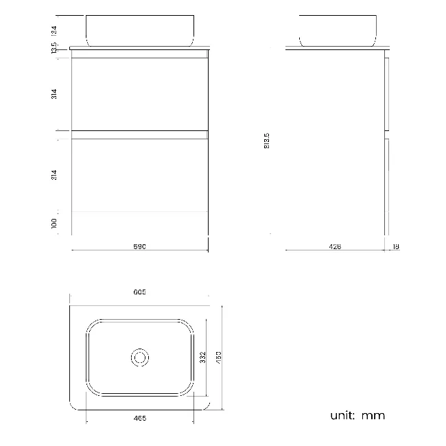 Corsica Storm Grey Vanity Drawer with Marble Top & Curved Counter Top Basin 600mm