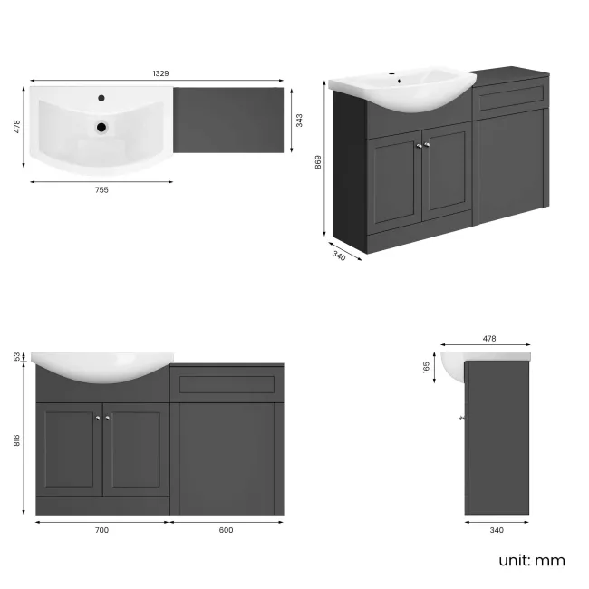 Capri Slate Grey Basin Vanity and Back To Wall Unit 1350mm (Excludes Toilet) - Chrome Handles