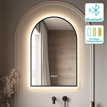 Maya Black Framed Arched Backlit Illuminated LED Mirror With BLUETOOTH Speaker 750x500mm