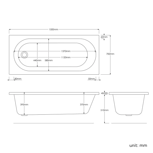 Stafford 1500x700mm Round Single Ended Bath