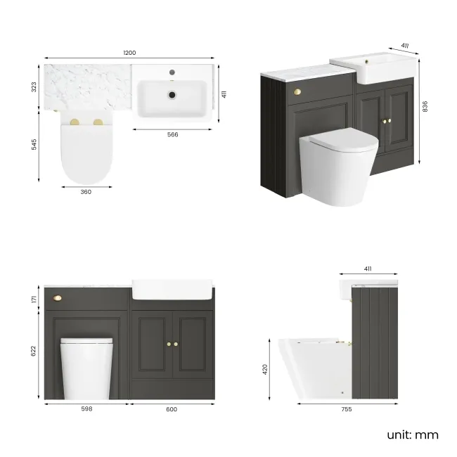 Monaco Graphite Grey Combination Vanity Basin with Marble Top & Boston Toilet 1200mm - Brushed Brass Accents