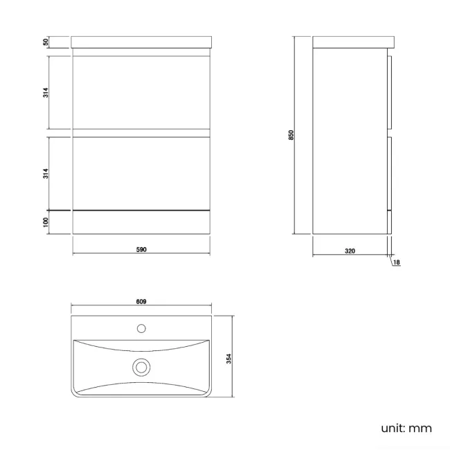 Corsica Storm Grey Slimline Basin Drawer Vanity 600mm