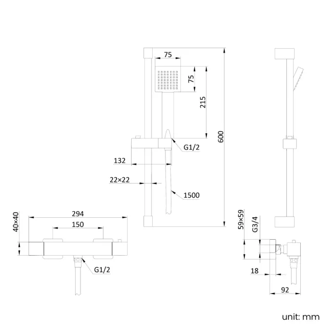 Cork Brushed Brass Square Thermostatic Bar Shower Set