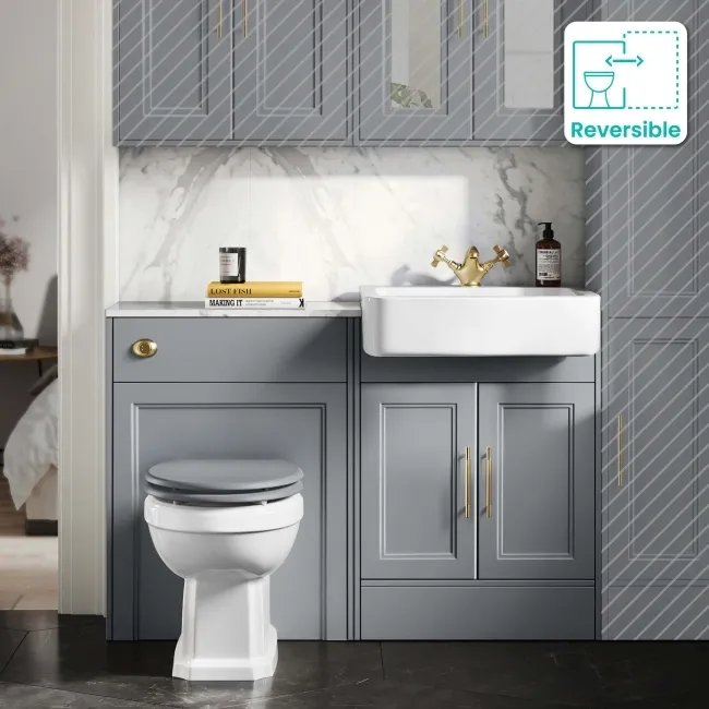 Monaco Dove Grey Combination Vanity Basin with Marble Top & Hudson Toilet with Wooden Seat 1200mm - Brass Knurled Handles