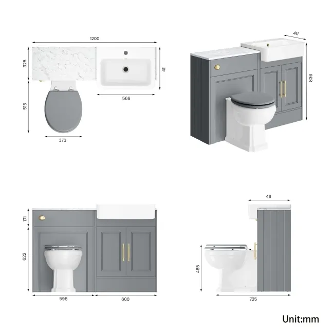 Monaco Dove Grey Combination Vanity Basin with Marble Top & Hudson Toilet with Wooden Seat 1200mm - Brass Knurled Handles