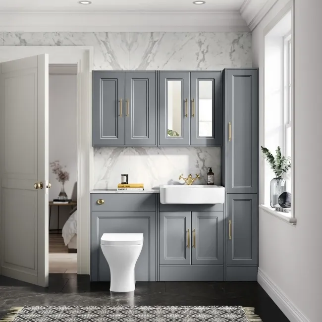 Monaco Dove Grey Combination Vanity Basin with Marble Top & Atlanta Toilet 1200mm - Brass Knurled Handles