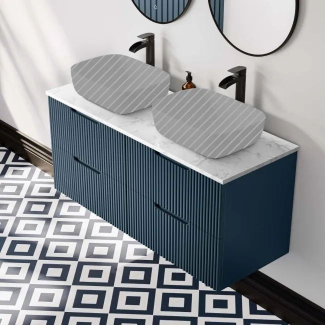 Crete Fluted Navy Blue Double Wall Hung Drawer Vanity with Marble Top 1200mm - Excludes Counter Top Basin
