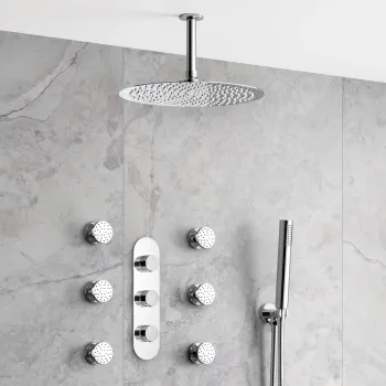 Ballina Premium Ceiling Chrome Round Thermostatic Set - 300mm Head, Hand Shower & Jets