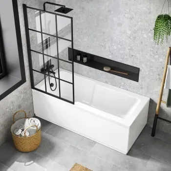 Dover 1700x750 Keyhole Shower Bath & 6mm Easy Clean Matt Black Grid Bath Screen