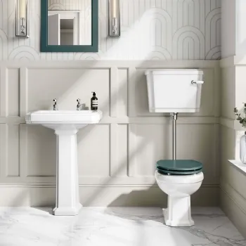 Hudson Traditional Low-Level Toilet With Midnight Green Seat & Pedestal Basin - Double Tap Hole
