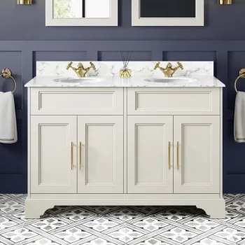 Lucia Chalk White Double Vanity with Marble Top & Undermount Basins 1200mm - Brass Knurled Handles