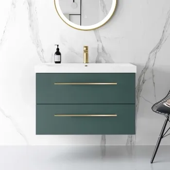 Elba Midnight Green Wall Hung Basin Drawer Vanity 800mm - Brushed Brass Accents