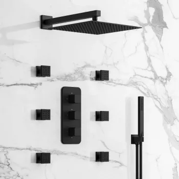 Galway Premium Matt Black Square Thermostatic Set - 300mm Head, Hand Shower & Body Jets