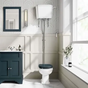 Hudson Traditional Toilet With High-Level Cistern and Inky Blue Wooden Seat