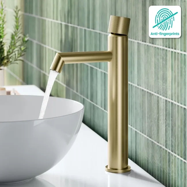 Ennis Brushed Brass High Rise Basin Mixer Tap with Knurled Detailing