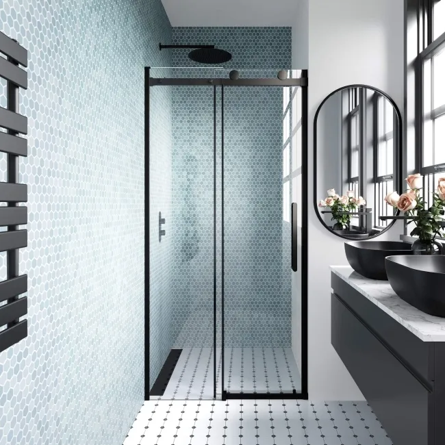 Oslo Matt Black Premium Easy Clean 8mm Sliding Shower Door 1000mm